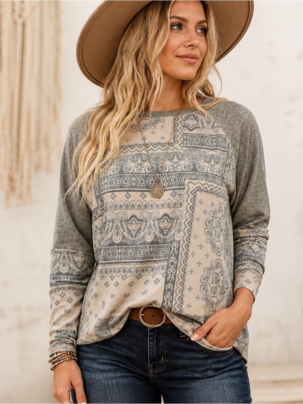 Daytrip Boho Patchwork Print Long Sleeve Top | Neutral Earth Tones